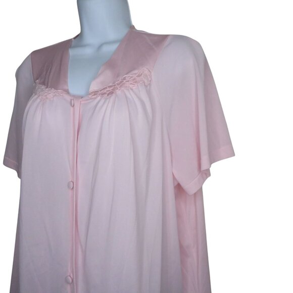 Vintage Vanity Fair Pink Nylon Short Sleeve Pajama Top Laced Trim Button Front L - Picture 3 of 8